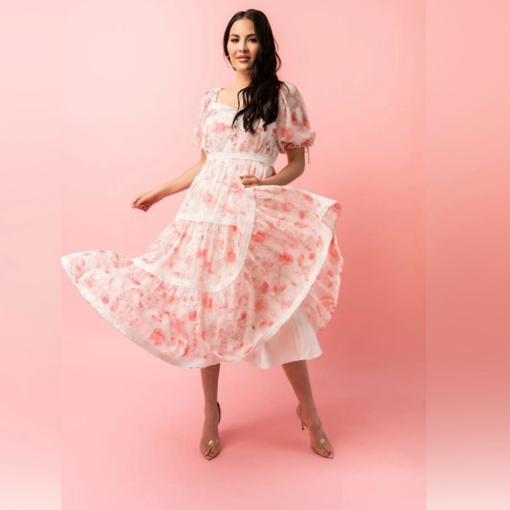 NWT Rachel Parcell Pink Rose Tiered Midi Chiffon Dress Size Large